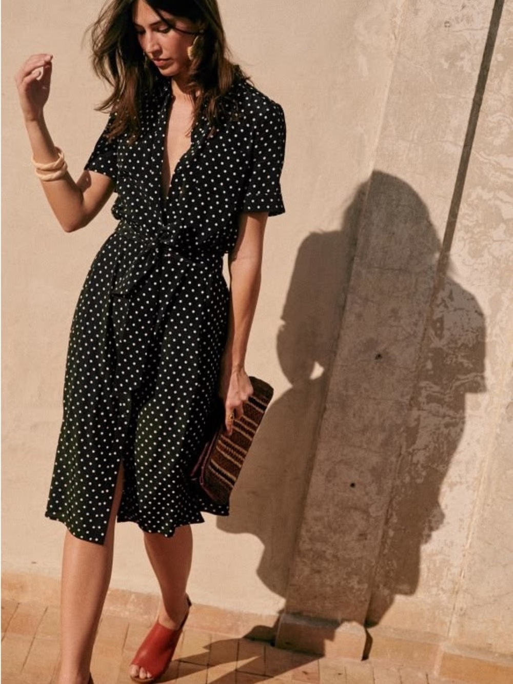SEZANE Black & White Polka Dot Printed Belted Button Down Adele Shirt Dress - Picture 5 of 12